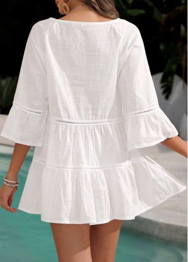 White swimwear,Plain Color swimwear,White Button 3/4 Sleeve Cover Up