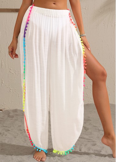 White swimwear,Plain Color swimwear,White Patchwork Split Tassel Beach Pants