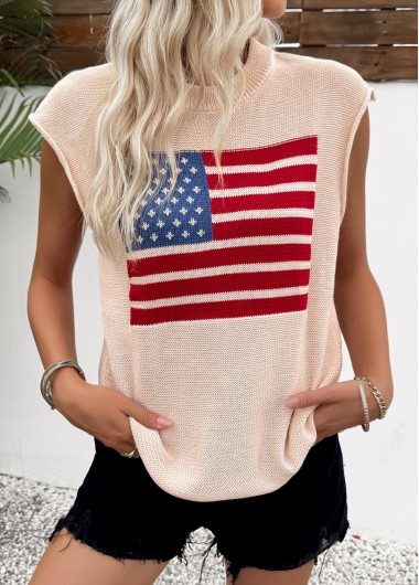 Beige tops,Flag tops,American Flag Print Beige Round Neck Sleeveless Tank Top