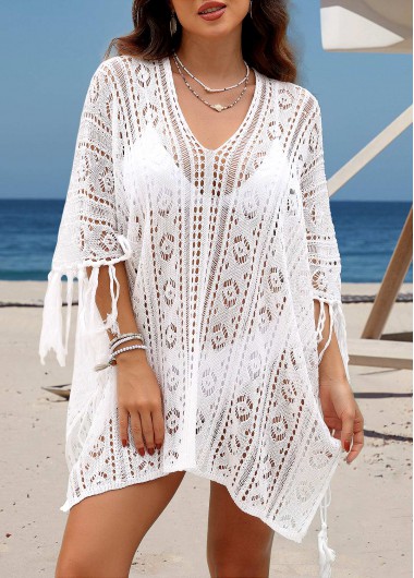 White swimwear,Plain Color swimwear,White Tassel Handkerchief Hem Cover Up