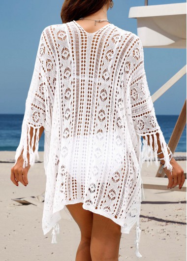 White swimwear,Plain Color swimwear,White Tassel Handkerchief Hem Cover Up