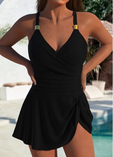 Black swimwear,Plain Color swimwear,Black V Neck One Piece Swimdress