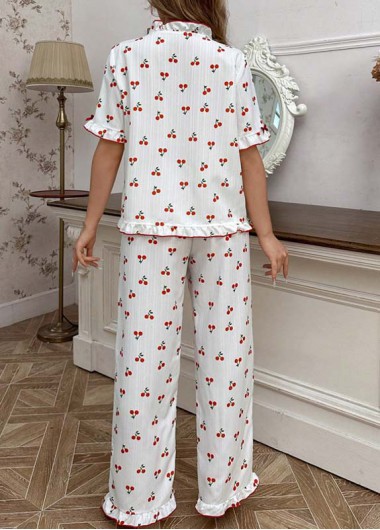 White loungewear,Plants loungewear,Fruit Printing White Round Neck Lounge Top and Pants