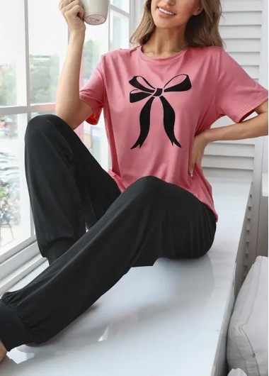 Pink loungewear,Other loungewear,Pink Round Neck Short Sleeve Lounge Top and Pants