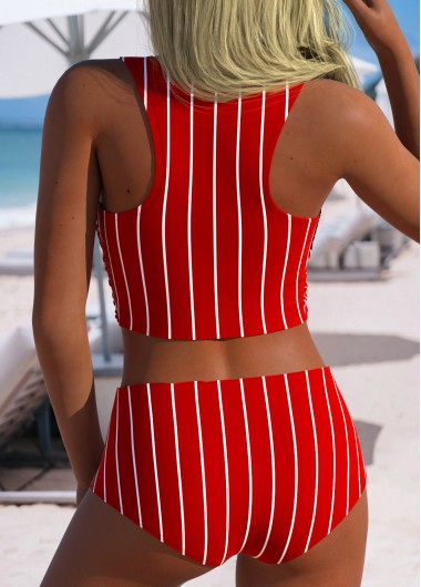 Red swimwear,Striped swimwear,Geometric swimwear,ROTITA Red Striped High Waisted Bikini Set