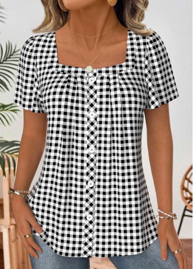 Black tops,Plaid tops,Geometric tops,ROTITA Plaid Black Square Neck Short Sleeve Blouse