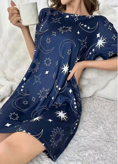 Navy loungewear,Galaxy loungewear,Star Print Navy Round Neck Short Sleeve Nightdress