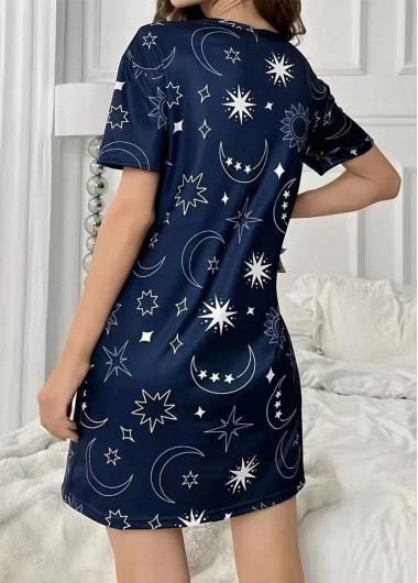Navy loungewear,Galaxy loungewear,Star Print Navy Round Neck Short Sleeve Nightdress