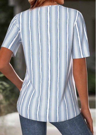 Light Blue tops,Striped tops,Geometric tops,ROTITA Striped Light Blue Split Neck Short Sleeve T Shirt