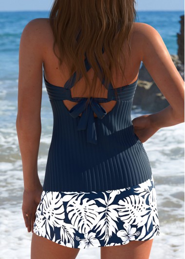 Navy swimwear,Plants swimwear,ROTITA Navy Tropical Plants Print Mid Waisted Tankini Set