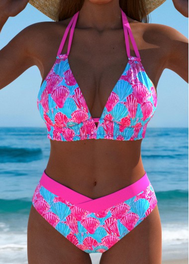 Multi Color swimwear,Animal Print swimwear,ROTITA Multi Color Marine Life Print Mid Waisted Bikini Set