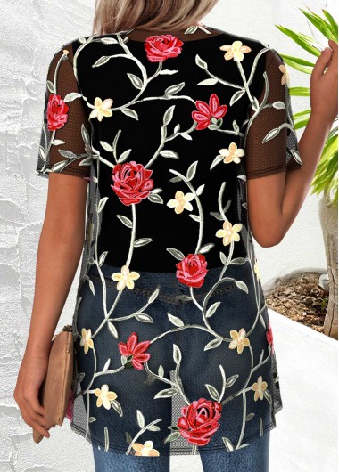 Black tops,Floral tops,Plants tops,ROTITA Floral Print Black Round Neck Cardigan and Tank Top