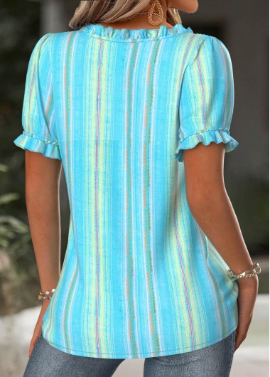Light Blue tops,Striped tops,Geometric tops,ROTITA Multi Stripe Print Light Blue Square Neck Blouse
