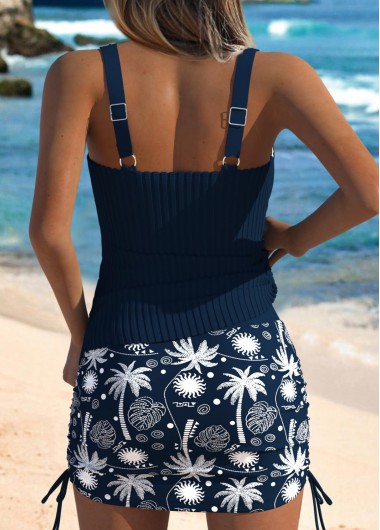 Navy swimwear,Plants swimwear,ROTITA Navy Tropical Plants Print Mid Waisted Tankini Set