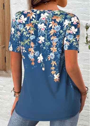 Peacock Blue tops,Floral tops,Plants tops,ROTITA Floral Print Peacock Blue Round Neck T Shirt