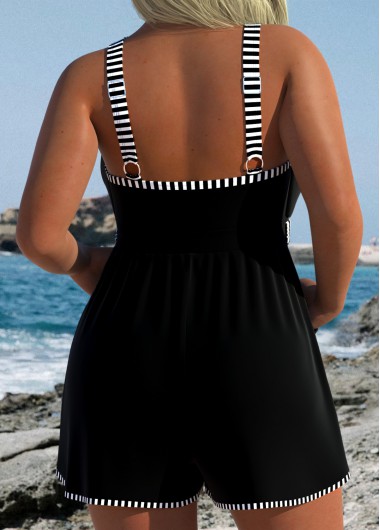 Black swimwear,Striped swimwear,Geometric swimwear,ROTITA Black Striped Cross Neck One Piece Swimwear