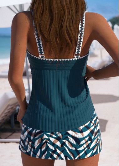 Peacock Blue swimwear,Animal Print swimwear,ROTITA Peacock Blue Animal Print Mid Waisted Tankini Set