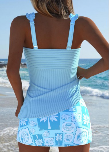 Light Blue swimwear,Plants swimwear,ROTITA Light Blue Tropical Plants Print Mid Waisted Tankini Set