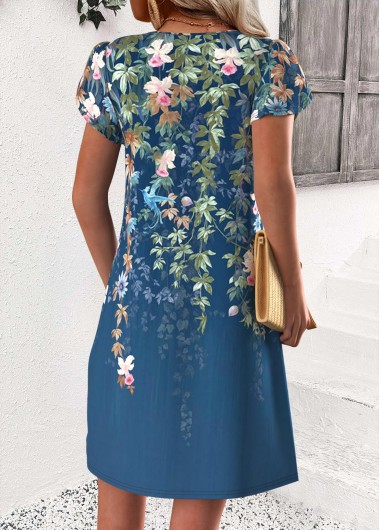 Peacock Blue dresses,Floral dresses,Plants dresses,Everyday dresses,Casual dresses,ROTITA Floral Print Peacock Blue Short Split Neck Dress