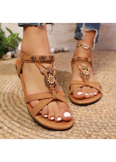 Dark Camel shoes,Plain Color shoes,Dark Camel Falt Peep Toe Sandals