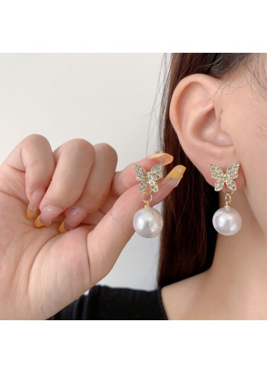 Golden jewelry,Animal Print jewelry,Golden Alloy Pearl Butterfly Design Earrings