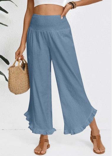 Dusty Blue bottoms,Plain Color bottoms,Dusty Blue Wide Leg Elastic Waist High Waisted Pants