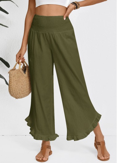 Olive Green bottoms,Plain Color bottoms,Olive Green Wide Leg Elastic Waist High Waisted Pants