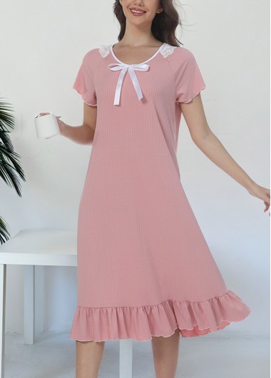 Light Pink loungewear,Plain Color loungewear,Light Pink Round Neck Short Sleeve Nightdress