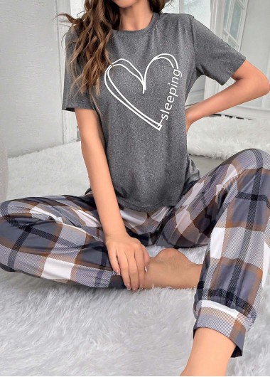 Light Grey loungewear,Plaid loungewear,Geometric loungewear,Plaid Light Grey Round Neck Lounge Top and Pants