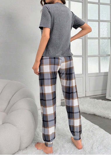 Light Grey loungewear,Plaid loungewear,Geometric loungewear,Plaid Light Grey Round Neck Lounge Top and Pants