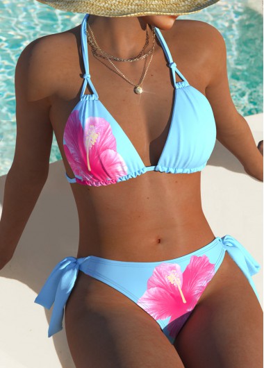 Light Blue swimwear,Floral swimwear,Plants swimwear,ROTITA Light Blue Floral Print Mid Waisted Bikini Set