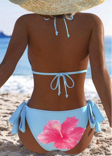 Light Blue swimwear,Floral swimwear,Plants swimwear,ROTITA Light Blue Floral Print Mid Waisted Bikini Set