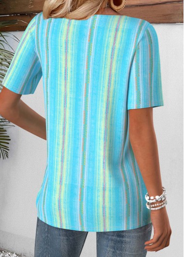 Blue tops,Geometric tops,ROTITA Geometric Print Blue Split Neck Short Sleeve T Shirt