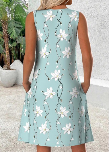 Light Blue dresses,Floral dresses,Plants dresses,Everyday dresses,Casual dresses,ROTITA Floral Print Light Blue Short Scoop Neck Sleeveless Dress