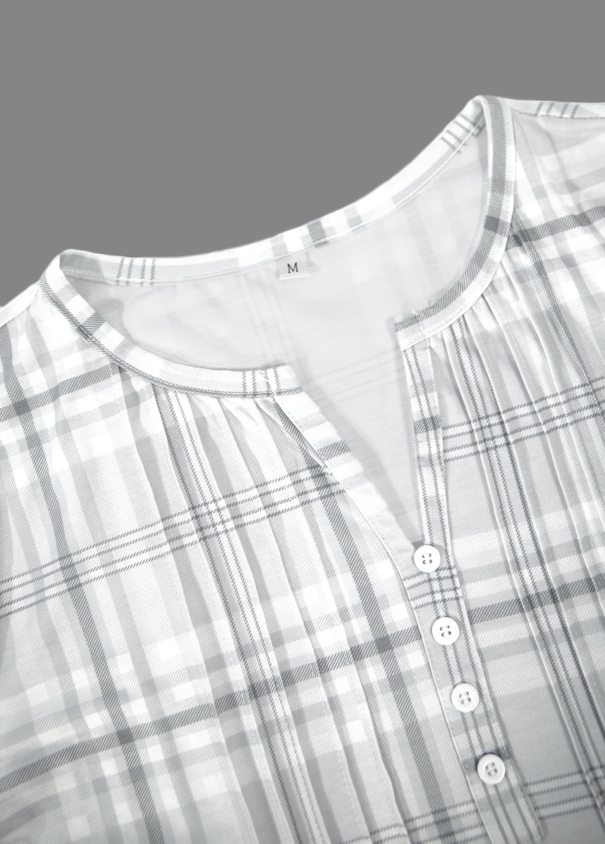 Grey tops,Plaid tops,Striped tops,Geometric tops,ROTITA Tuck Stitch Plaid Grey Split Neck T Shirt