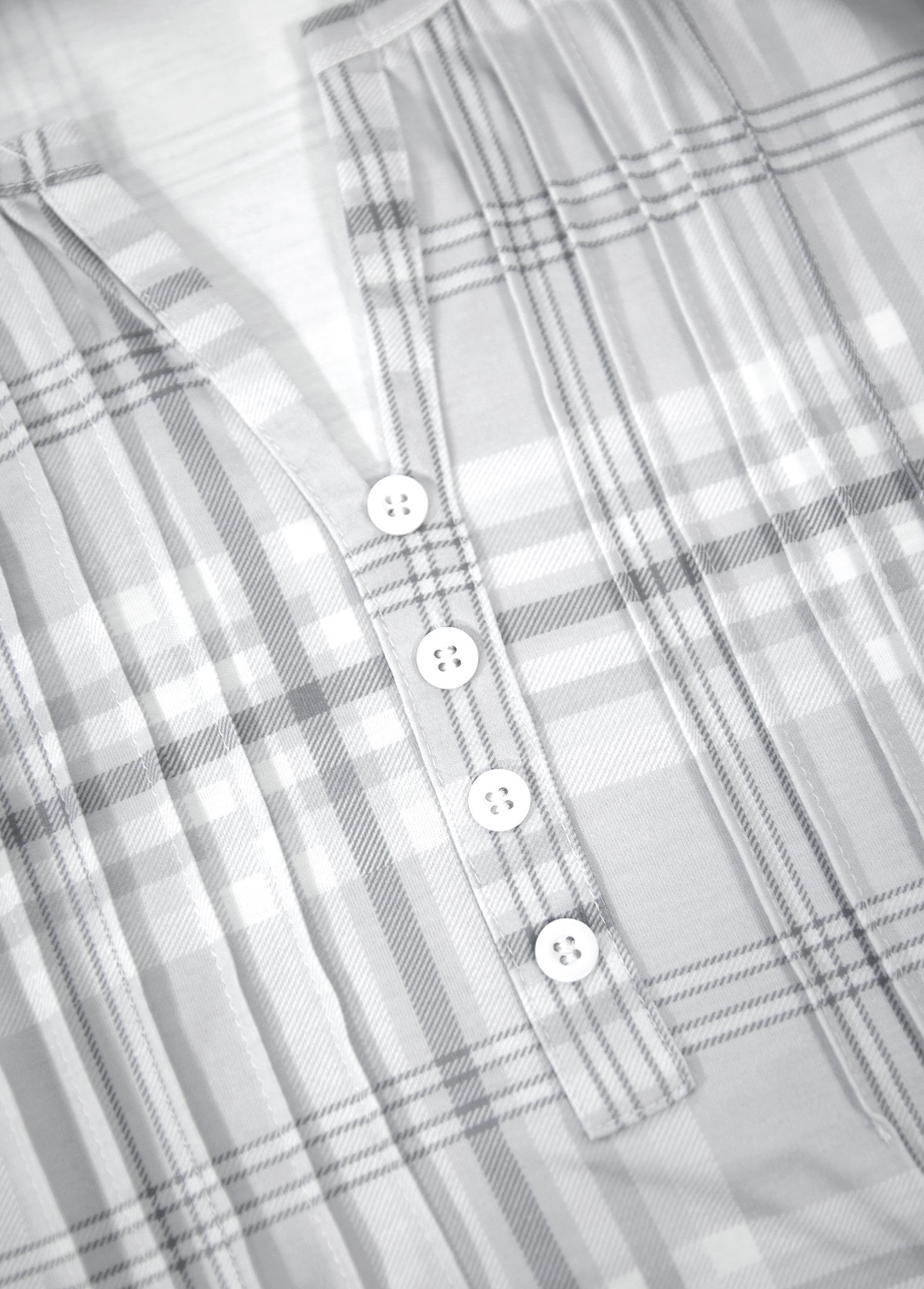 Grey tops,Plaid tops,Striped tops,Geometric tops,ROTITA Tuck Stitch Plaid Grey Split Neck T Shirt