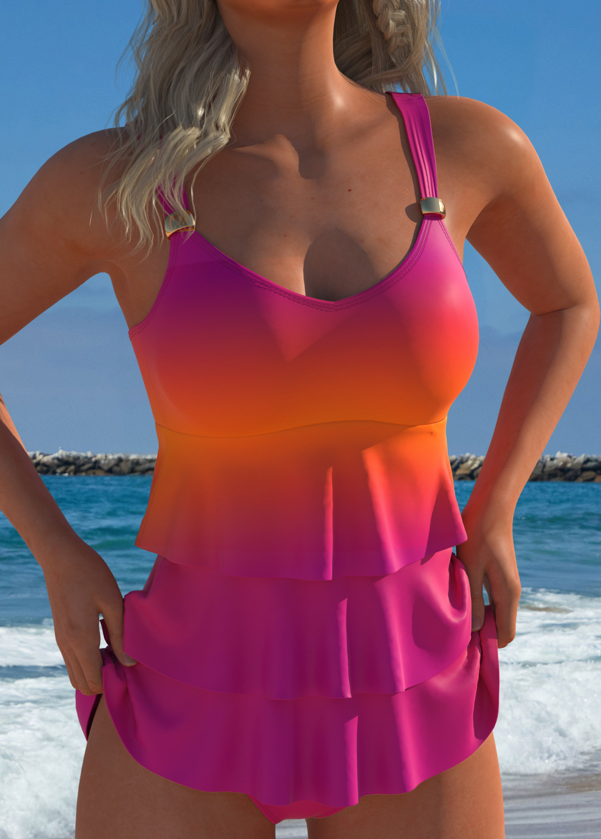 Orange plus size,Ombre plus size,ROTITA Plus Size High Waisted Layered Ombre Orange Tankini Set