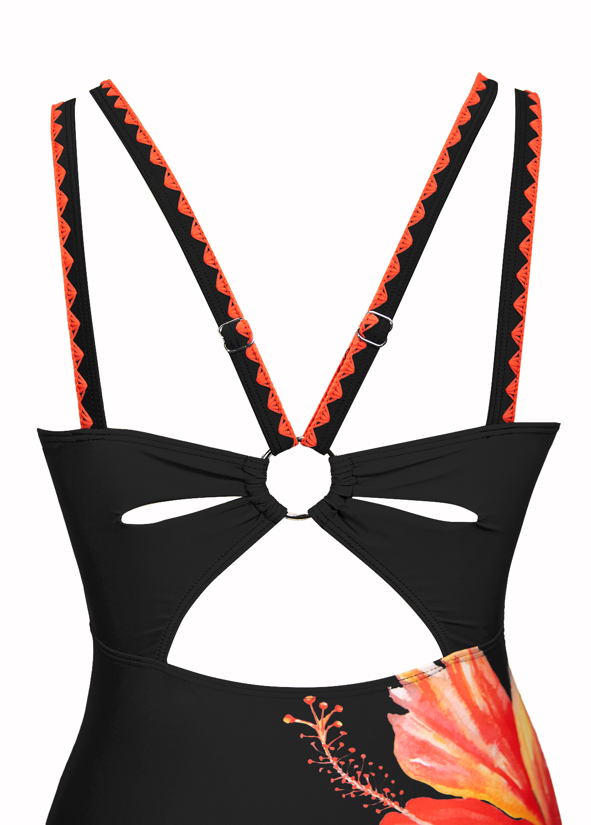 Orange swimwear,Floral swimwear,Plants swimwear,ROTITA Circular Ring Orange Floral Print One Piece Swimwear