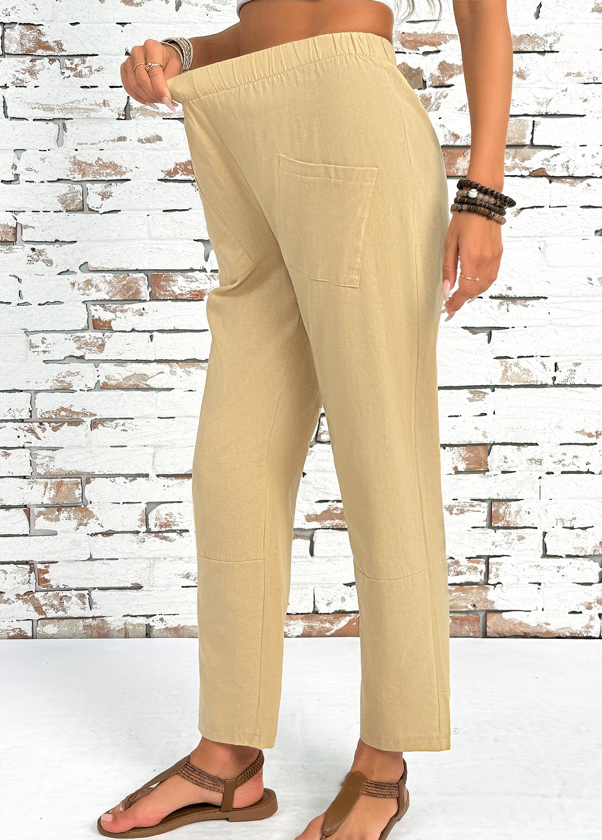 Light Camel bottoms,Plain Color bottoms,Light Camel Straight Leg Elastic Waist High Waisted Pants