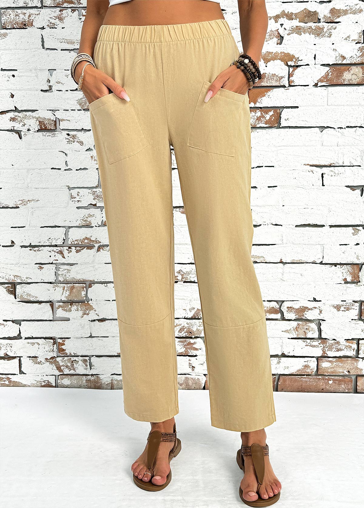 Light Camel bottoms,Plain Color bottoms,Light Camel Straight Leg Elastic Waist High Waisted Pants