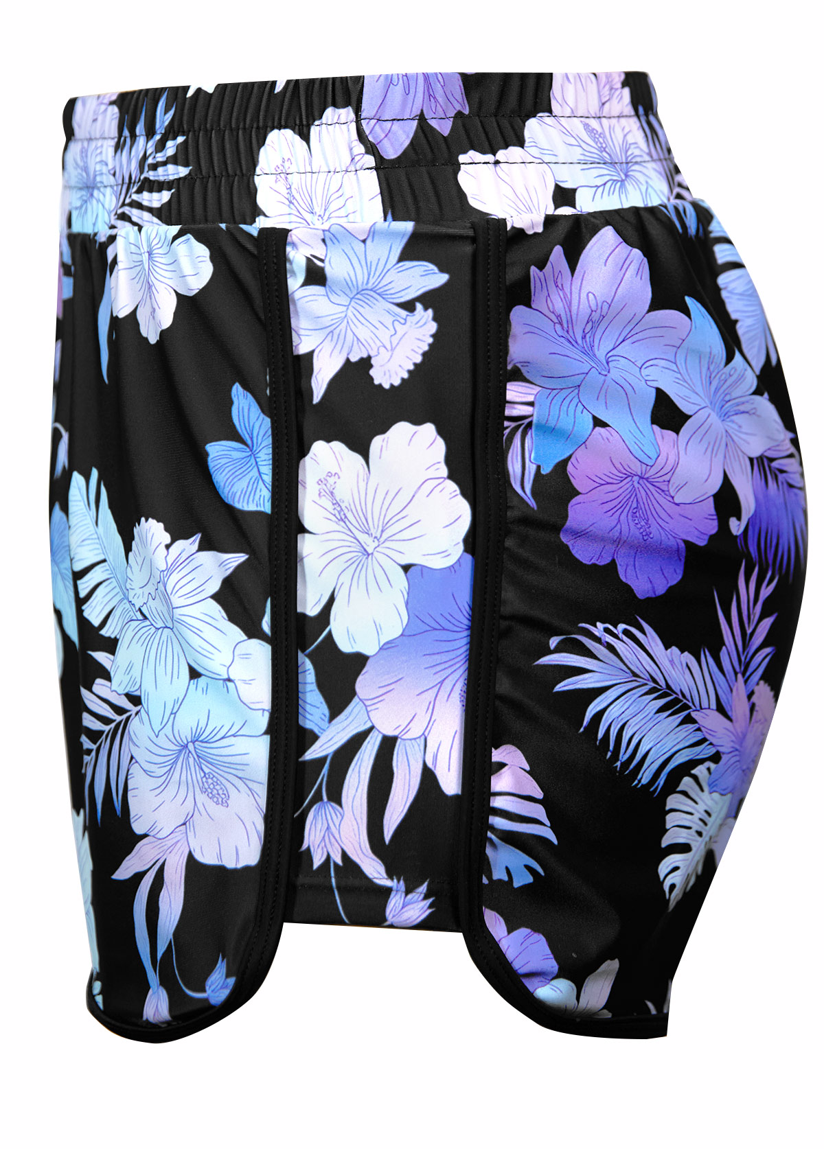 Black plus size,Floral plus size,Plants plus size,ROTITA Plus Size Mid Waisted Contrast Binding Black Tankini Set