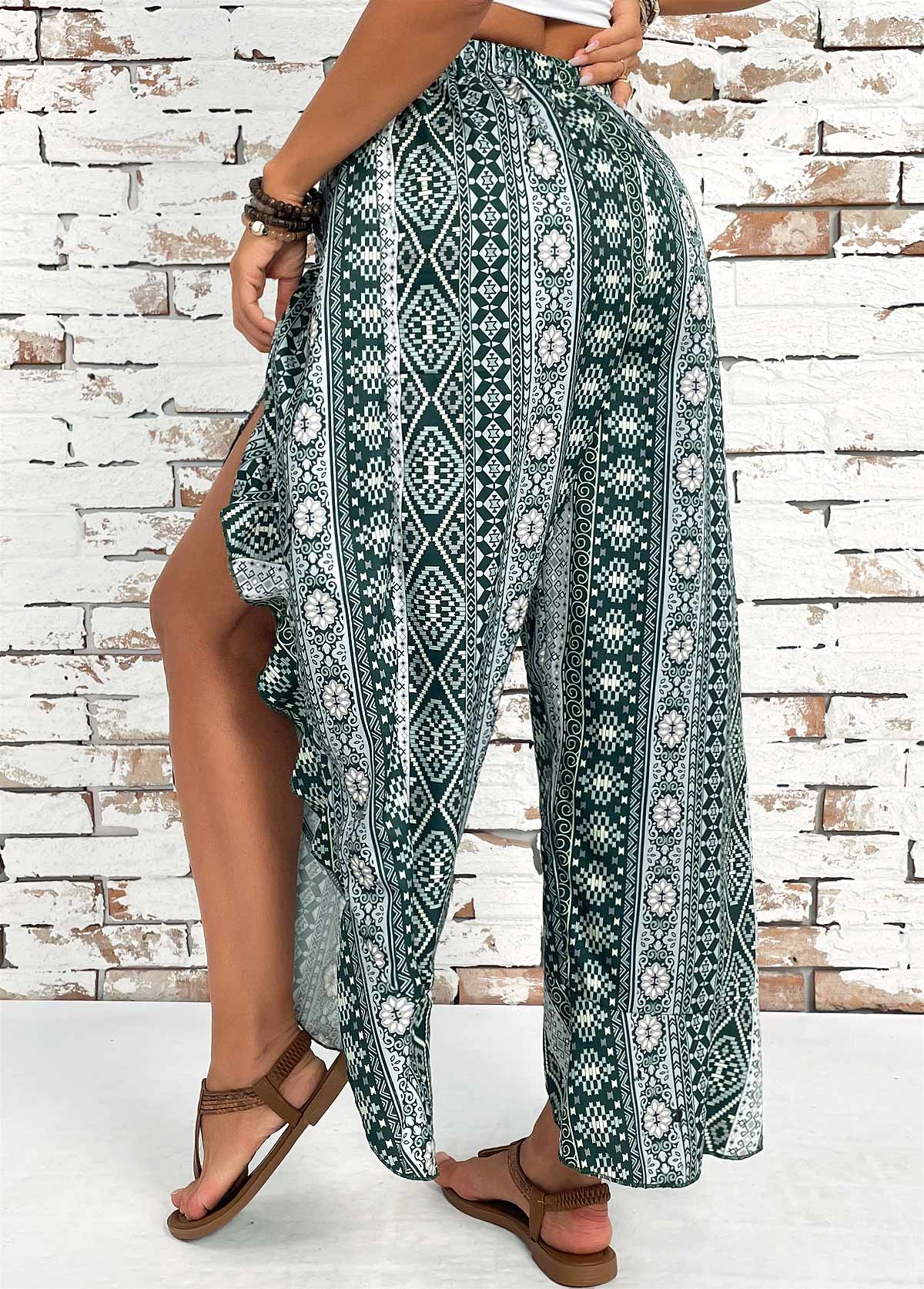 Blackish Green bottoms,Tribal bottoms,Tribal Print Blackish Green Wide Leg Elastic Waist Pants