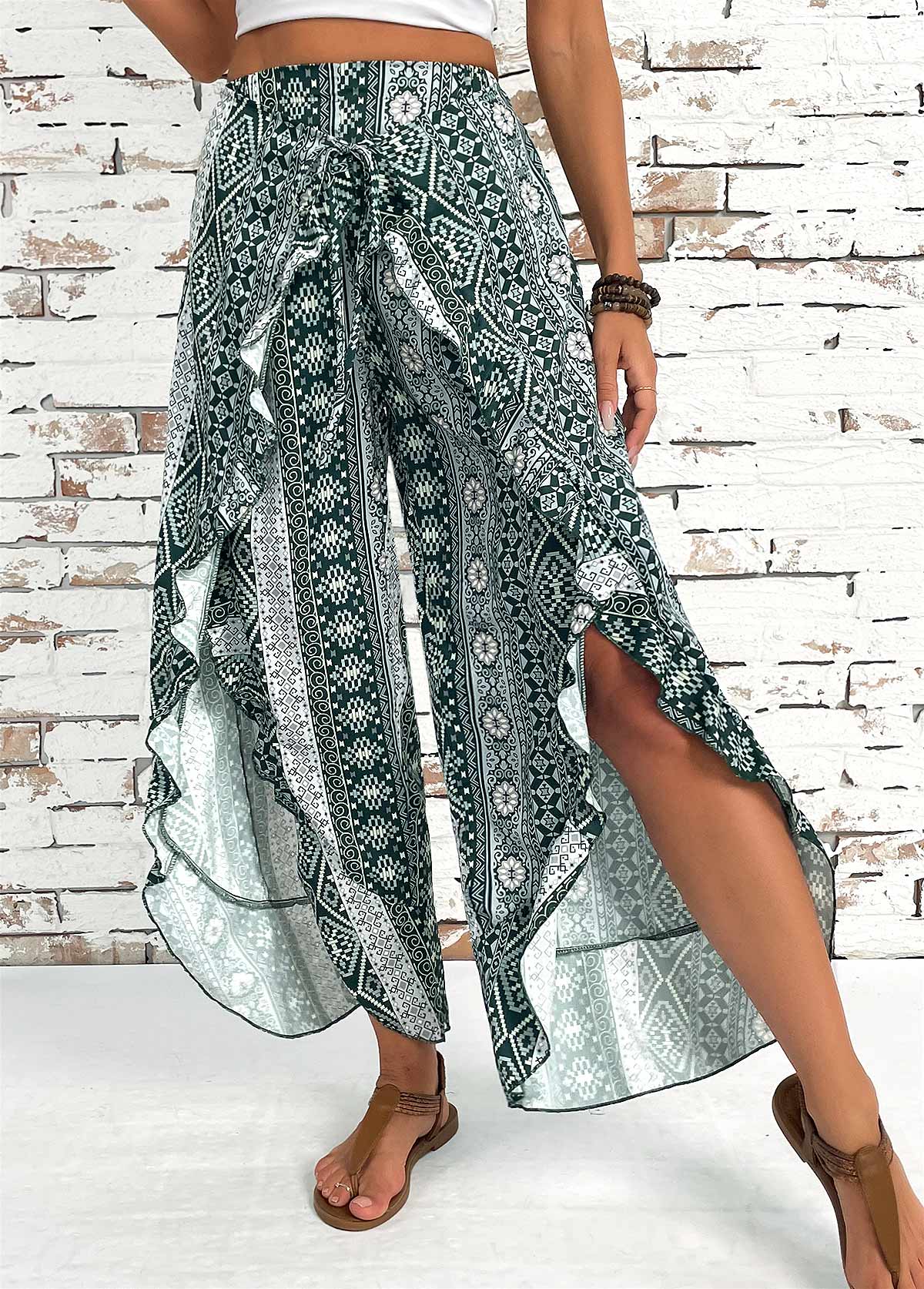 Blackish Green bottoms,Tribal bottoms,Tribal Print Blackish Green Wide Leg Elastic Waist Pants