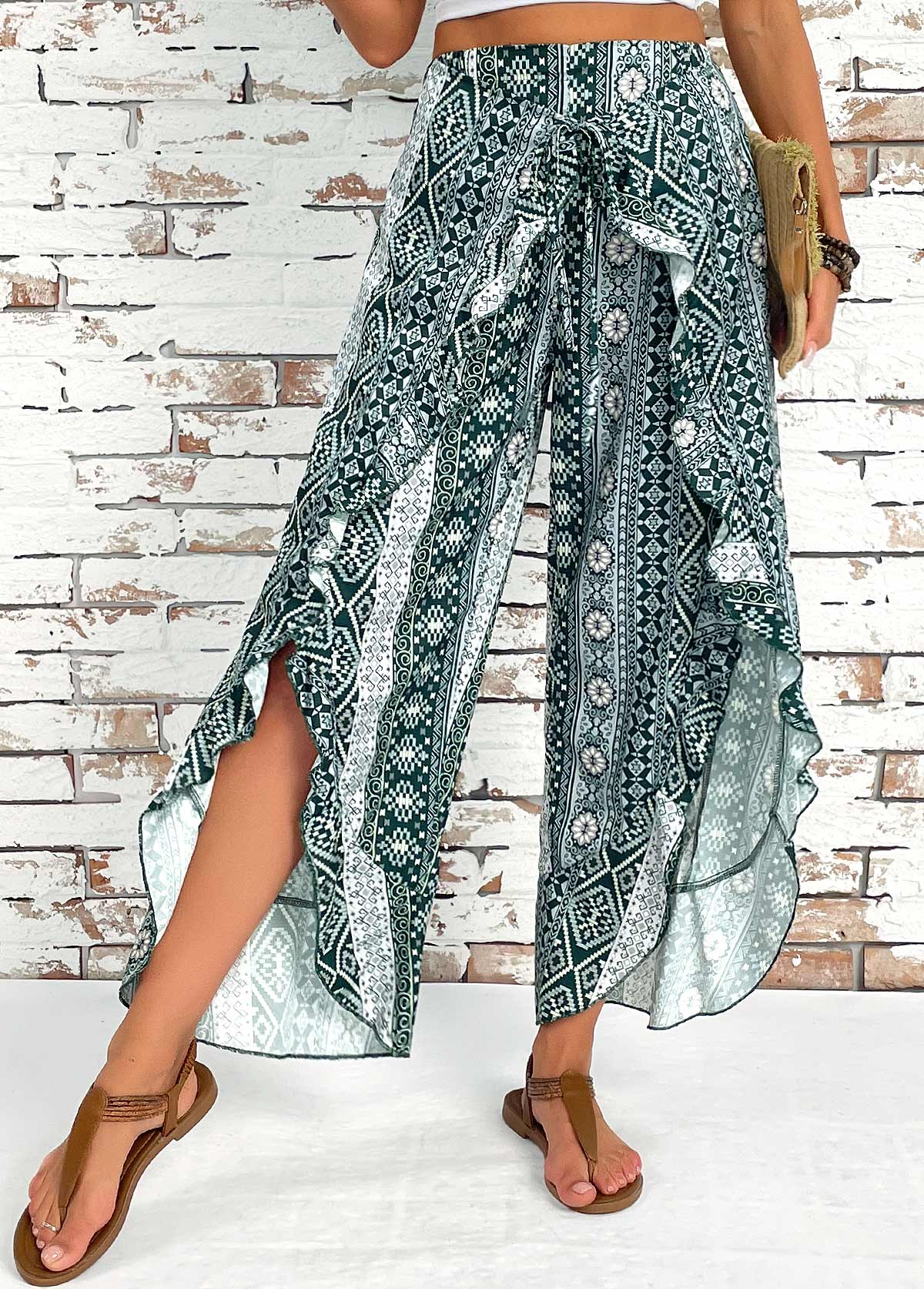 Blackish Green bottoms,Tribal bottoms,Tribal Print Blackish Green Wide Leg Elastic Waist Pants