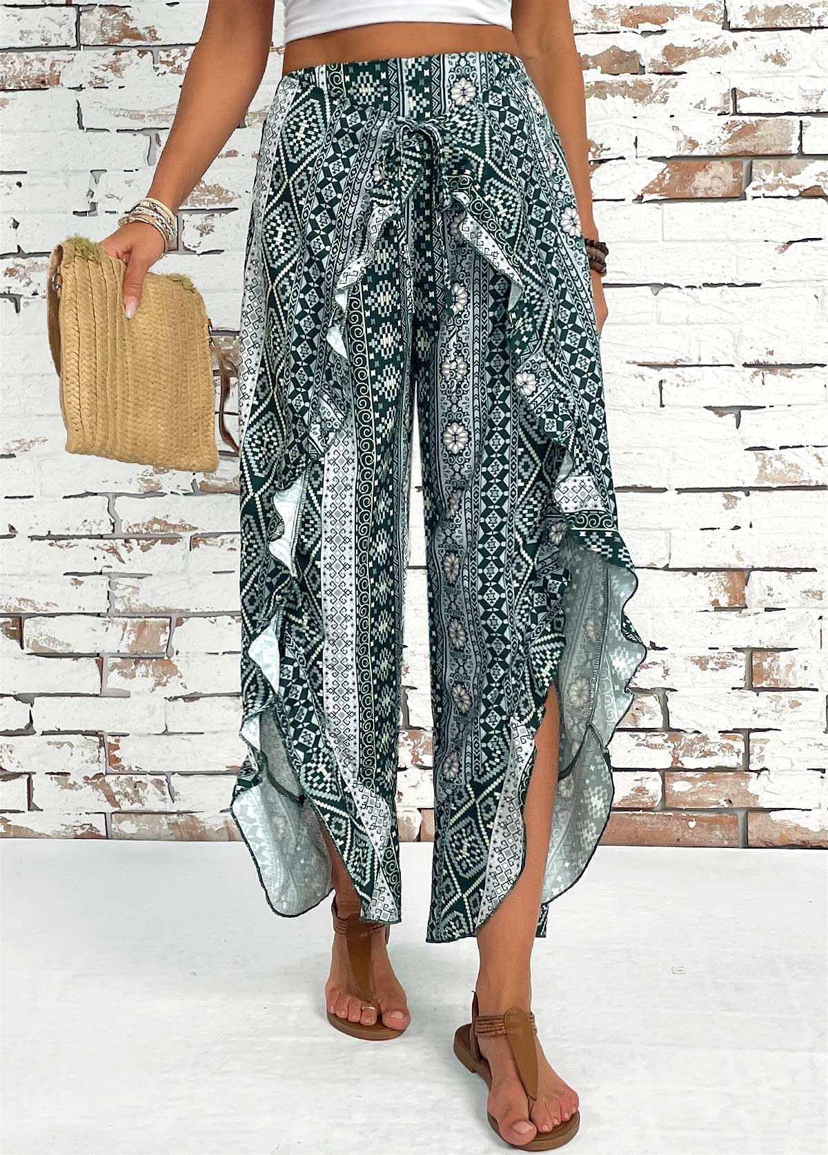 Blackish Green bottoms,Tribal bottoms,Tribal Print Blackish Green Wide Leg Elastic Waist Pants