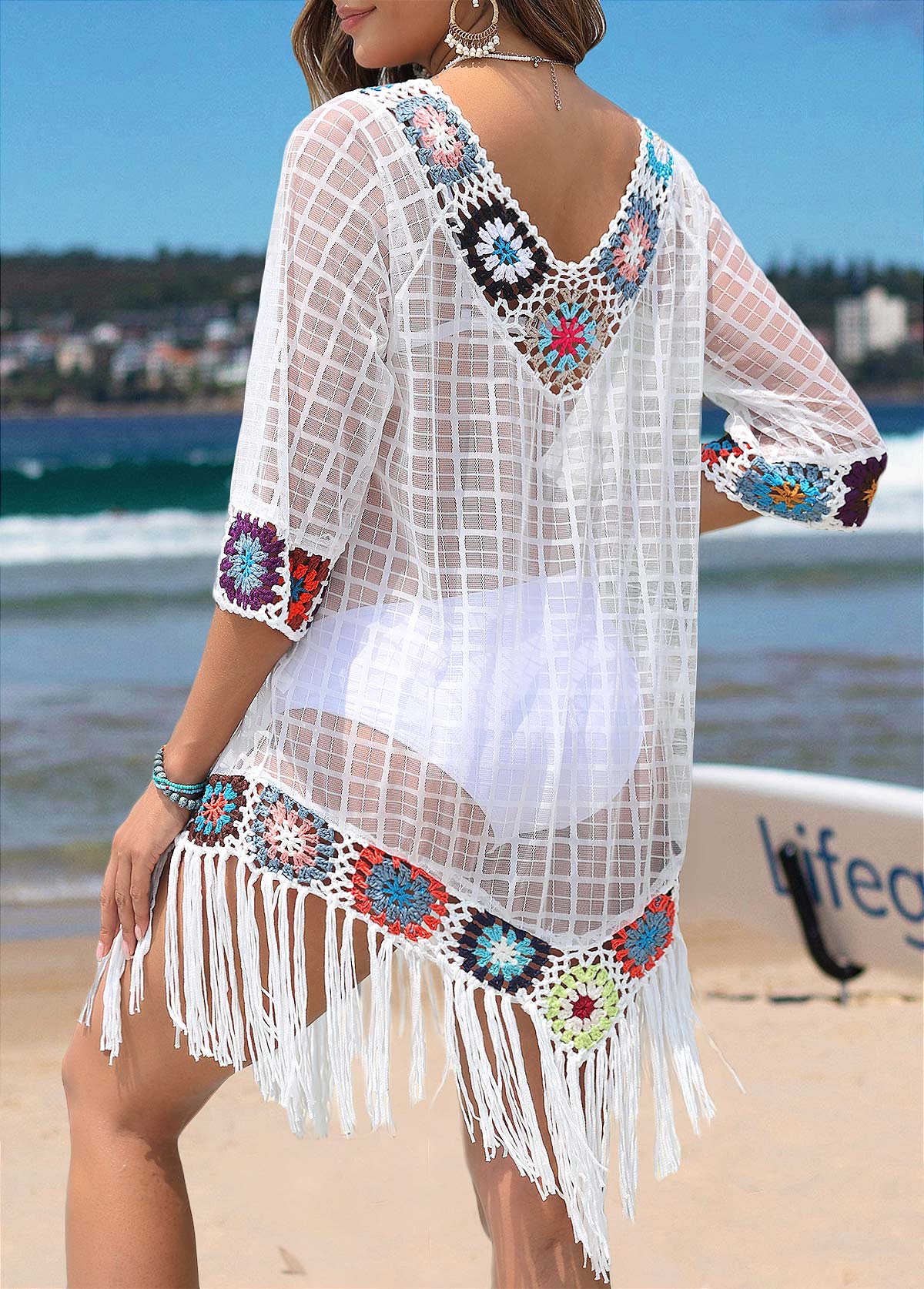 White swimwear,Tribal swimwear,White Tribal Print Tassel Cover Up