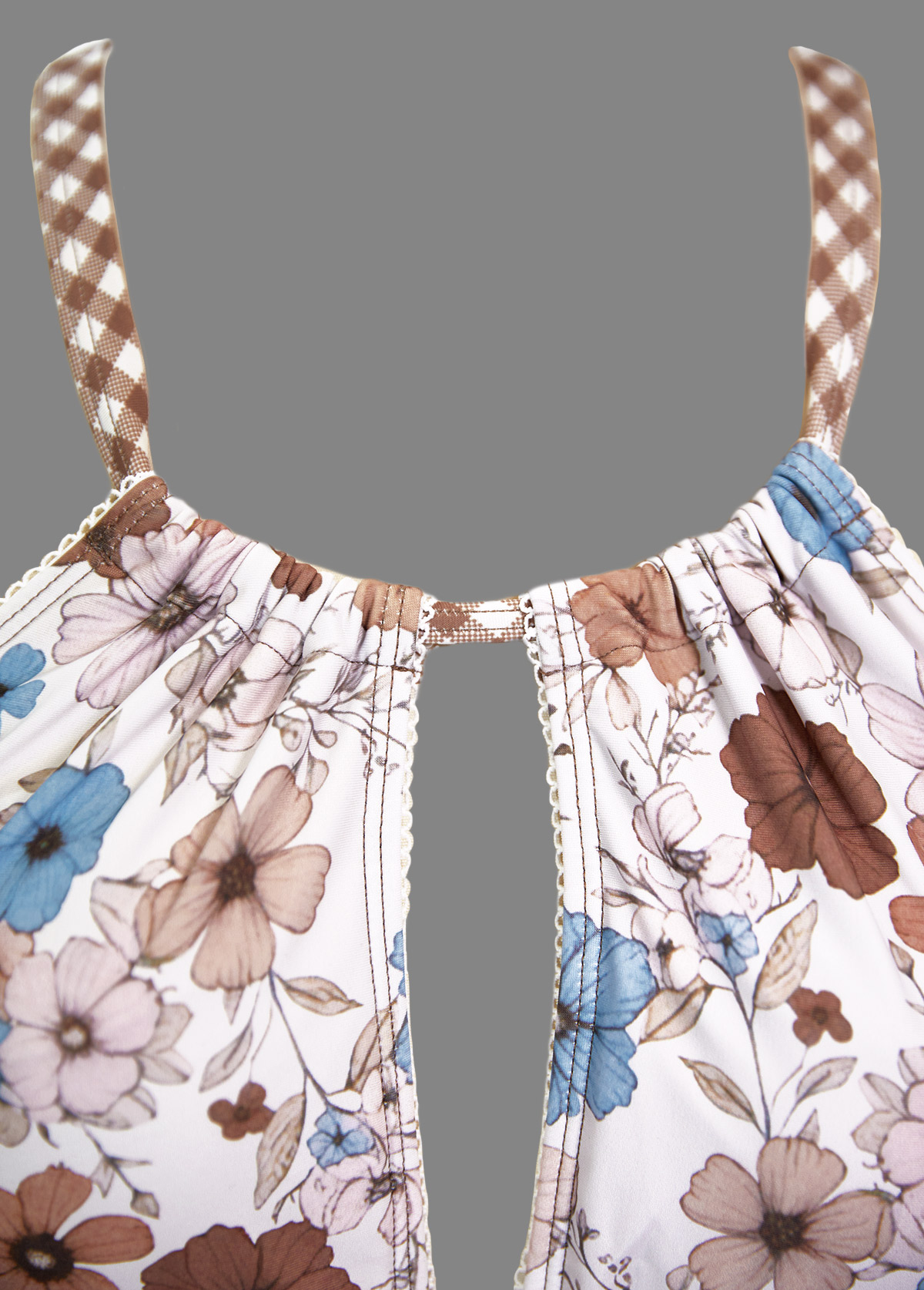Light Coffee swimwear,Floral swimwear,Plants swimwear,ROTITA Ruched Light Coffee Floral Print Mid Waisted Tankini Set