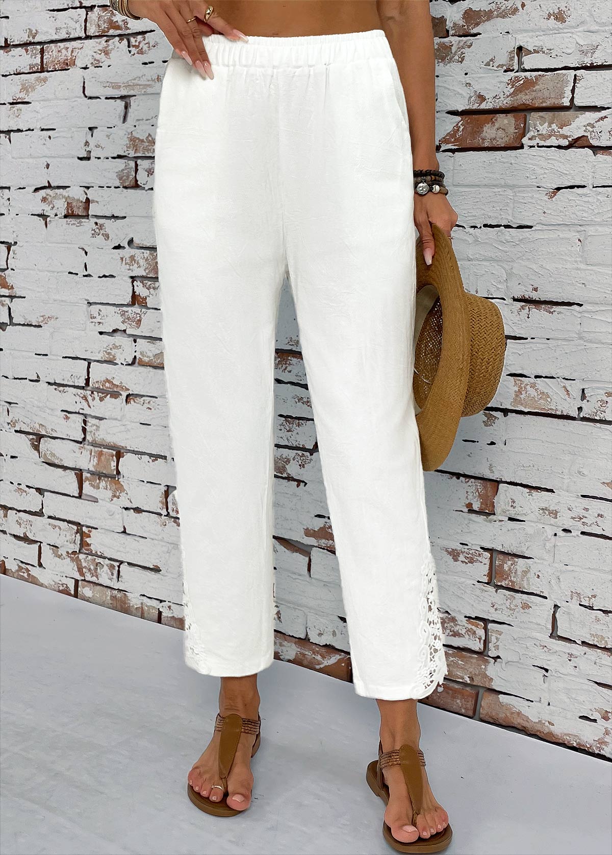 White bottoms,Plain Color bottoms,Pocket White Straight Leg Elastic Waist High Waisted Pants