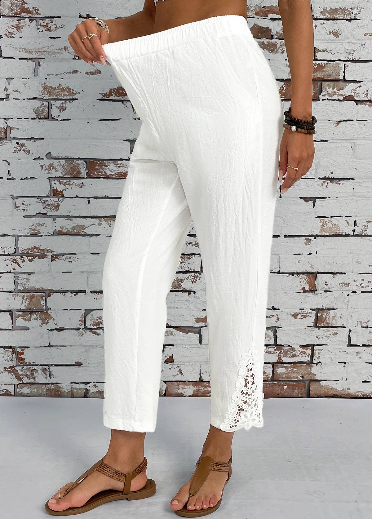 White bottoms,Plain Color bottoms,Pocket White Straight Leg Elastic Waist High Waisted Pants
