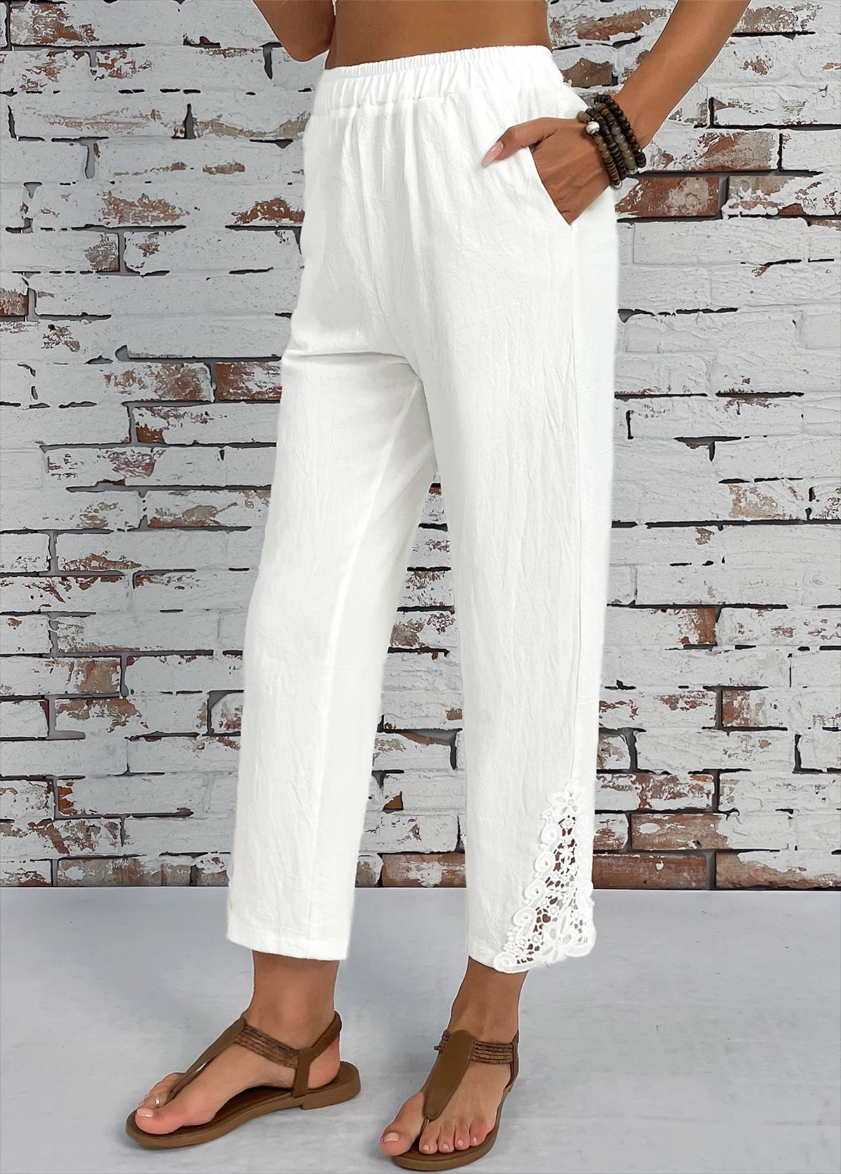 White bottoms,Plain Color bottoms,Pocket White Straight Leg Elastic Waist High Waisted Pants